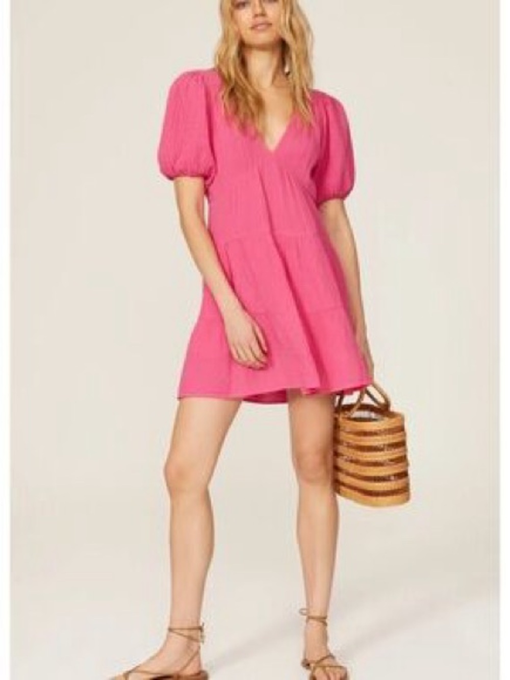 aerie Hot Pink Puff-Sleeve V-Neck Mini Dress